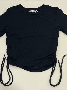Zara Black Ribbed Short Sleeve Top with Side Drawstrings